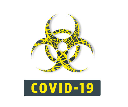 Biohazard sign with shadow. Warning, yellow Biological hazard, silhouette. Covid-19 text. Vector icon, symbol.