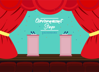 Two Parliament podium with stage. Two Politician podium with blue background. Red curtain Flat Vector Illustration. Blue Design Background. Web vector illustration. Vector Background.