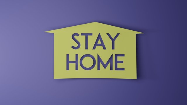 A yellow paper banner lifted off the purple backdrop in the shape of a home with a cutout saying 'Stay Home'