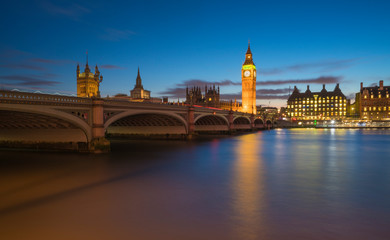 Big Ben and Westminster bridge at night, Big Ben and The Westminster Bridge at sunset The icon of London, UK
