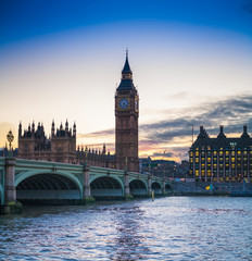 Big Ben and Westminster bridge at night, Big Ben and The Westminster Bridge at sunset The icon of...