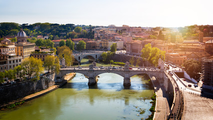 Skyline with bridge Ponte Vittorio Emanuele II and classic architecture in Rome, Vatican City...