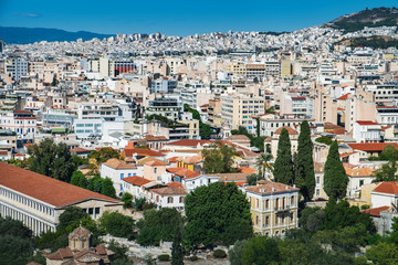 Aerial view of Stoa of Attalos Archaeological museum and cityscape of Athens city, Greece