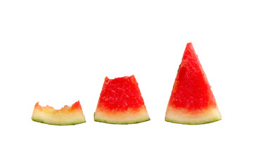 Triangular watermelon that is bitten apart on a white background