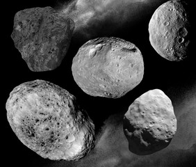 computer generate image of asteroid belt and space dust supercharged light on black background. 