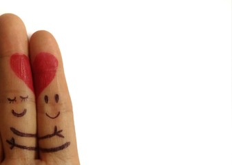 two lovely painted hug love and support fingers concept on white background