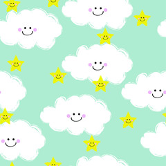 Cute Hand Drawn Smiling Clound And Stars Vector Seamless