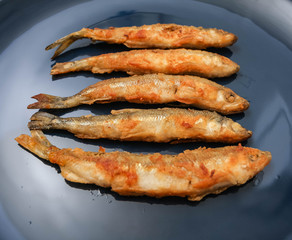 Fried smelt in breadcrumbs from flour on a plate. Close-up view