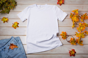 Unisex T-shirt mockup with fall leaves