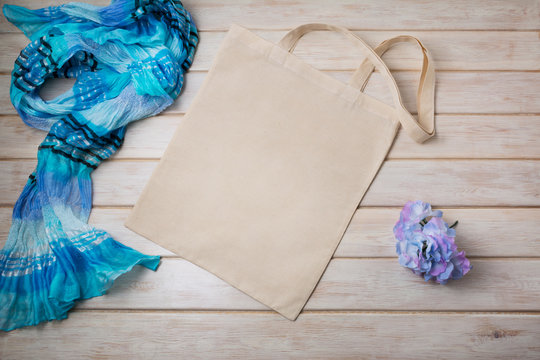 Tote Bag Mockup With Blue Scarf And Flower