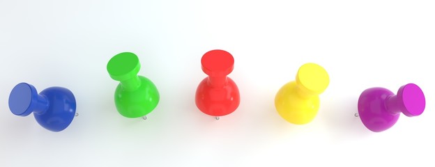 Colorful pushpin. Color location mark pin,  realistic pins 3d set. Collection of needles. Collection of secretary accessories on white background. 3d rendering