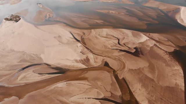 Sand on the emty riverbed. Aerial high angle