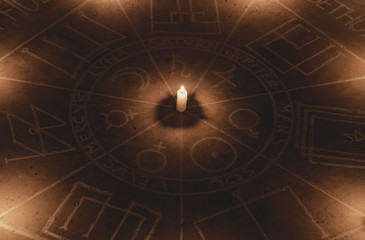Middle circle of the The Seal of the Seven Archangels. Illuminated with candles. Scary, mystical...
