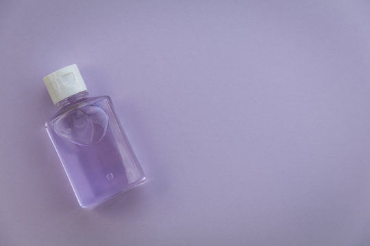 Hand Sanitizer Mini Travel Size No Label Purple Copy Space Flat Lay