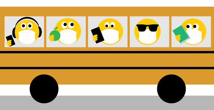 Coronavirus, covid 19, social distancing, emoji wearing face masks on yellow bus. Wear a face mask text, youth concept of coronavirus.