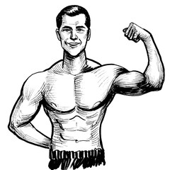 Fototapeta premium Happy smiling athlete flexing biceps. Ink black and white drawing