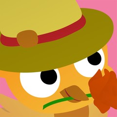 Illustration of Yellow Bird Wearing a Hat And Carrying Flowers in its Beak Cartoon, Cute Funny Character, Flat Design