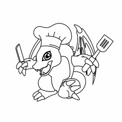 Coloring Blue Dragon Chef Carry Spatula and Knives Cartoon, Cute Funny Character, Flat Design