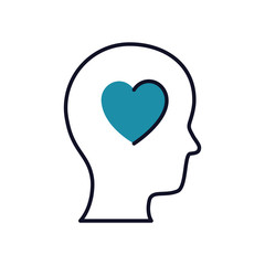 mental health concept, heart inside human head icon, half line half color style