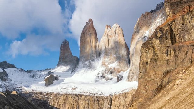 Time lapse view of iconic granite towers in Torres del Paine National Park, Patagonia, Chile, South America, zoom in.