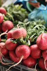 Market table with radishes