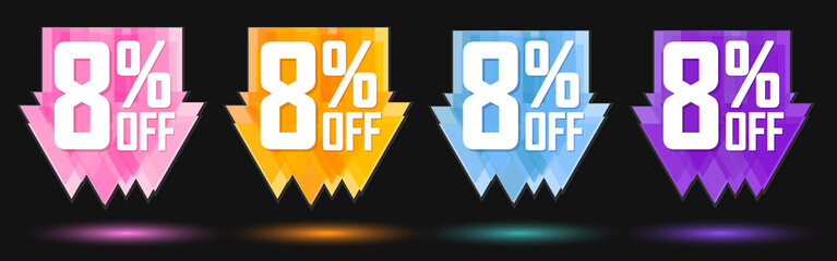 Set Sale 8% off banners, discount tags design template, promo app icons, vector illustration