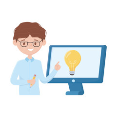 School boy with computer and light bulb vector design