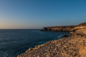 ajuy beach on Fuerteventura islans at sunset. Canary, Spain, october 2019