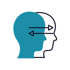 Mental health concept, head with contradiction arrows over white background, half line half color