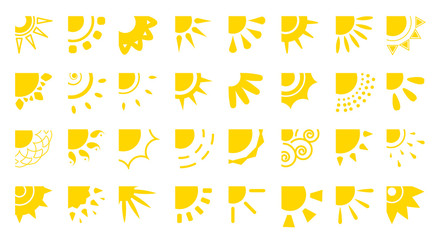 Sun flat cartooon icons set. Sunny corner with rays different shapes for logotype app. Decorative element sign heat day or morning, weather. Simple summer symbol. Isolated on white vector illustration