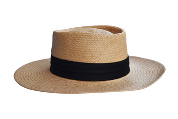 Beautiful straw hat, beautiful with a ribbon and bow on the beach hat, white background