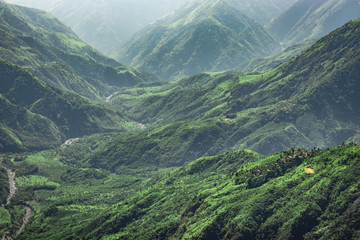 misty mountain range covered with white mist