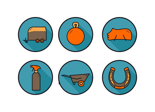 Horse equipment icons. Horse care tools icons set on blue background. Horse trailer, toy for horse, blanket, vengeance, wheelbarrow, horseshoe
