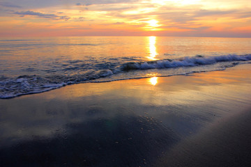 Sea or beach on twilight sky and on the sunset for background.