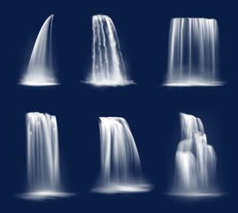 Waterfall cascade, realistic water fall streams, isolated vector pure liquid with fog. River, fountain elements of different shapes for natural design. 3d falling waterfall, streaming water jets set