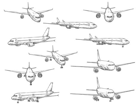 Airplane sketch vector icons in different view. Modern aircraft types with turbine engines on takeoff and landing, civil aviation transport, etching symbols