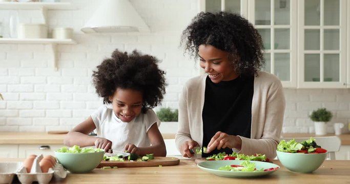 Happy african american family cute daughter and mum give high five having fun prepare healthy meal together. Smiling mixed race mother teaching kid learning cooking making vegetable salad in kitchen.