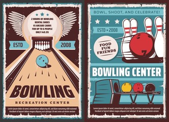 Bowling center, vector vintage retro posters, entertainment games and leisure sport. Bowling ball and pin on lane in strike, premium quality entertainment club © Vector Tradition