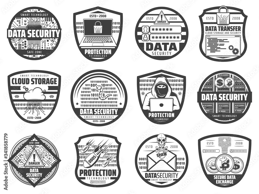 Leinwandbilder Internet data security, information and cloud storage access protection, vector icons. Secure bitcoin cryptocurrency transaction, hacker attack and spam, private data storage and web security systems