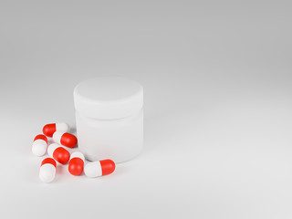 3D render red and white drugs capsule,bottles on white background