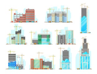 Skyscrapers building construction isolated cartoon vector icons set. Working cranes put stone blocks on buildings facade, concrete mixer and lorry with sand riding on site. Urban housing build process