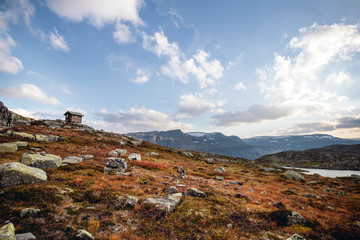 An Isolated Safety Wooden Cabin on the trailhead for hiking to Trolltunga in Norway