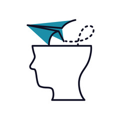 mental health concept, human head and paper plane icon, half line half color style