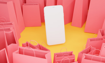 3D render,Mobile phone with many pink shopping bag,Concept of e-commerce sales, online shopping, digital marketing