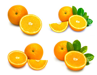 Fresh orange isolated on a white background, Mandarin orange with green leaf isolated on white background, 