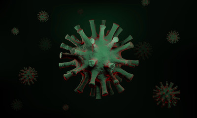 3d render of a microscopic image of a germ or virus. Illustration includes a green abstract biological design with a red glow, that looks like the coronavirus. Background is dark with faded viruses.