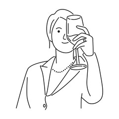 Vector illustration of the beautiful girl holding glass of wine. Line art vector illustration