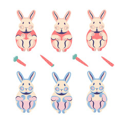 Set of cute flat rabbits for animation in red and blue shades. Pastel bunnies
