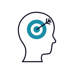 Mental health concept, target icon inside human head, half line half color style