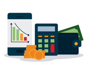 smartphone, money coins, calculator and wallet with money, colorful design